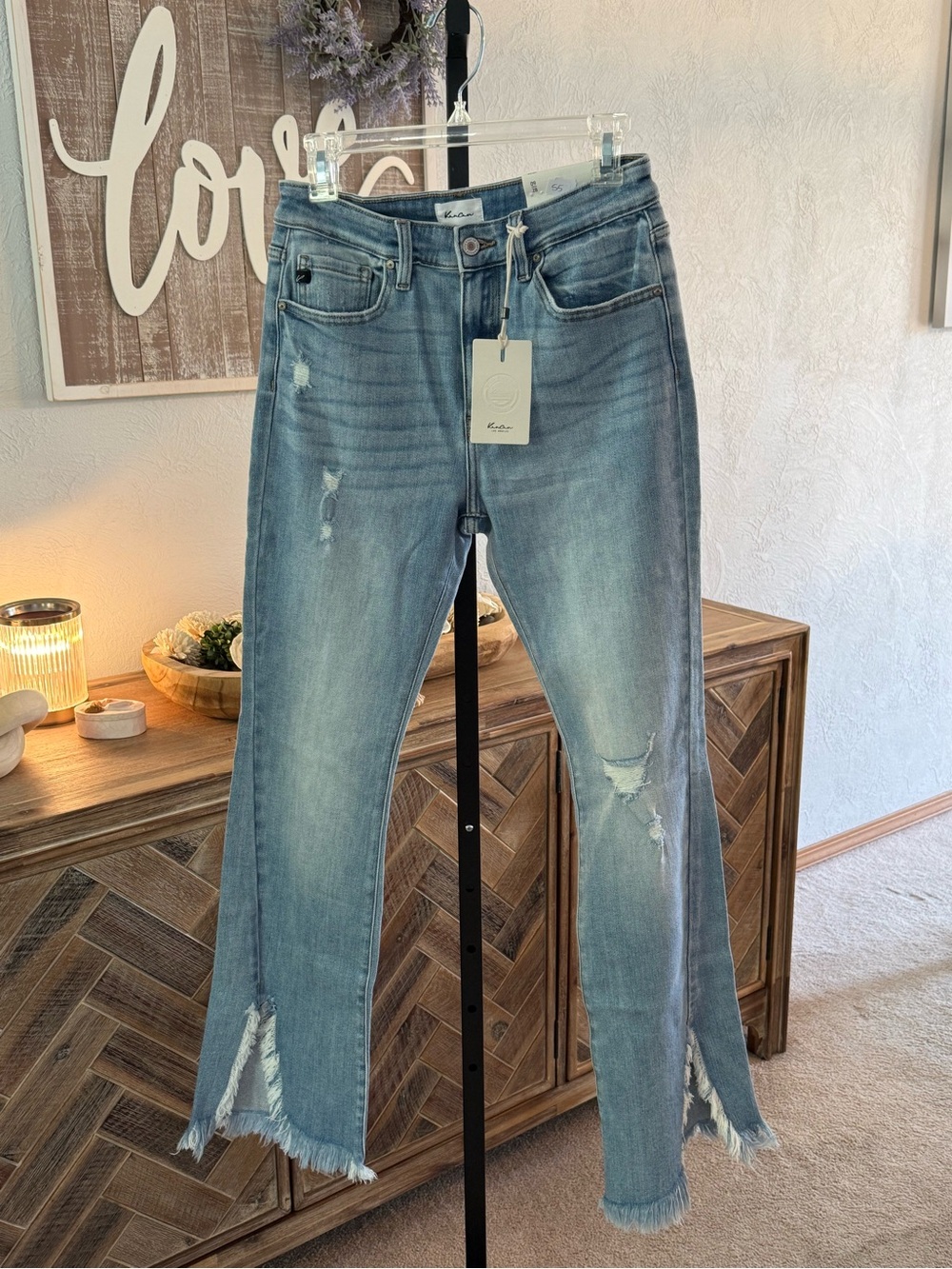 KanCan Light Blue Distressed Flare Jeans with Frayed Split Hem